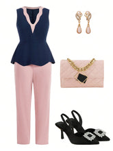 Women's Sleeveless Color Block Blouse And Pants Set, Office Two Piece Outfits, Spring And Summer